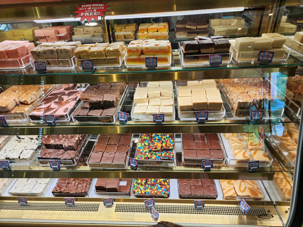 A bakery case filled with different types of fudge squares, marked with the sign "Buy 4 pieces, get 2 free"